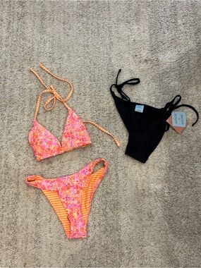 NWT Shade & Shore Pink Orange Floral Triangle Top with Black Tie-Side Bottoms